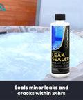 AquaDoc Hot Tub Leak Sealer For Quick Fixes And Peace Of Mind, 16oz Spa Leak Repair Chemical Bottle in front of bubbling hot tub
