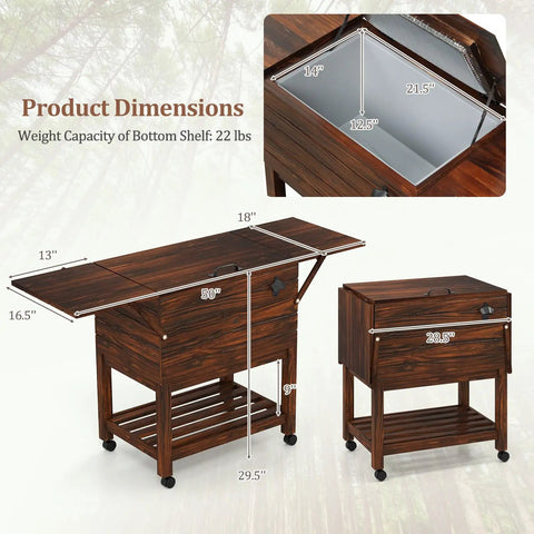 Wooden Patio Cooler Cart With 54 Quart Capacity Rolling Beverage Bar On Wheels With Bottle Opener Drain Plug And Locking Wheels Perfect For Poolside Backyards Parties And BBQs, shown with detailed dimensions and open lid.