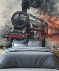 Epic Retro Steam Locomotive Wall Mural With 3D Train Wallpaper for bold bedroom decor in silk cloth, 177.16x120 inches.