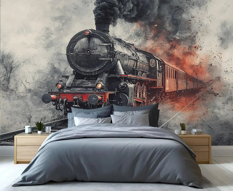 Epic Retro Steam Locomotive Wall Mural With 3D Train Wallpaper for bold bedroom decor in silk cloth, 177.16x120 inches.
