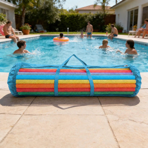 Blue Oxford Mesh Pool Noodle Storage Bag With Zipper Grab And Go Portable Swim Toy Organizer by poolside