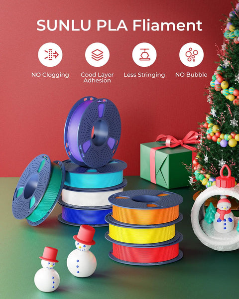 Front view: SUNLU PLA filament spools, 1.75mm, 250g each, 8-color set, neatly wound and vacuum packed.