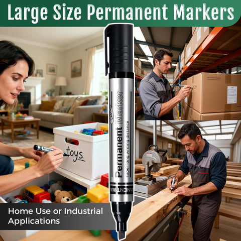 Extra Large Permanent Markers With Smooth As Butter Chisel Tips And Legit Fast Dry Waterproof Ink In Black Red Blue And Green For Crushing Through Cardboard Or Cranking Out Bold Labels With Zero Fade In This 12 Pack Bundle displayed in home and industrial settings.