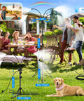 Outdoor Patio Standing Misting System Beats The Heat 5.3Ft Tall With 4 Adjustable Nozzles cooling a backyard with people and dog