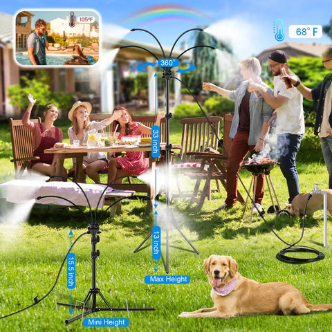 Outdoor Patio Standing Misting System Beats The Heat 5.3Ft Tall With 4 Adjustable Nozzles cooling a backyard with people and dog