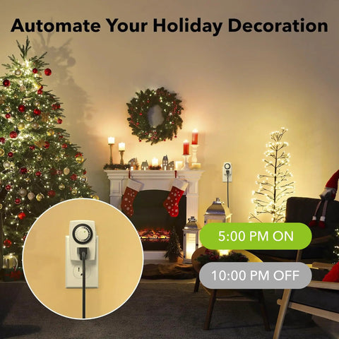 BND60 U47 Indoor Mini 24 Hour Mechanical Outlet Timer 3 Prong 2 Pack in festive room with Christmas lights and timer display