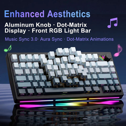 Hella Creamy 75 Percent Layout Wireless Mechanical Keyboard With Hot Swappable Switches And Premium Pbt Keycaps, featuring aluminum knob and RGB light bar.