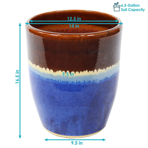 Captivating Vista 14 Inch Ceramic Planter For Indoor And Outdoor Use, blue and brown beachcomber style plant pot with dimensions
