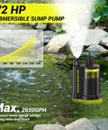 Next Level Half Horsepower Submersible Water Pump Designed For Rock Solid 2650 Gallons Per Hour Flow showing pump in use near pond.