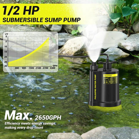 Next Level Half Horsepower Submersible Water Pump Designed For Rock Solid 2650 Gallons Per Hour Flow showing pump in use near pond.