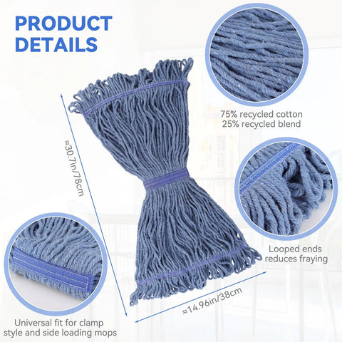 Real Deal Rock Solid Top Shelf Commercial Heavy Duty Wet Mop Heads 6 Pack Looped Cotton String Refills with recycled cotton.