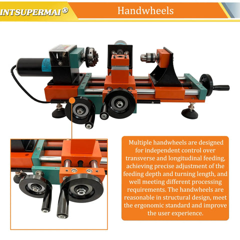 Intsuprmai Dual Motor Mini Wood Lathe Machine handwheels for precise control, adjustable feeding depth and turning length.