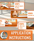 Heavy Duty Double Sided Carpet Tape With Reinforced Grid For Ultra Strong Hold On Hardwood Floors Tile Laminate And Concrete No Damage Rug Gripper application guide with steps 1-4