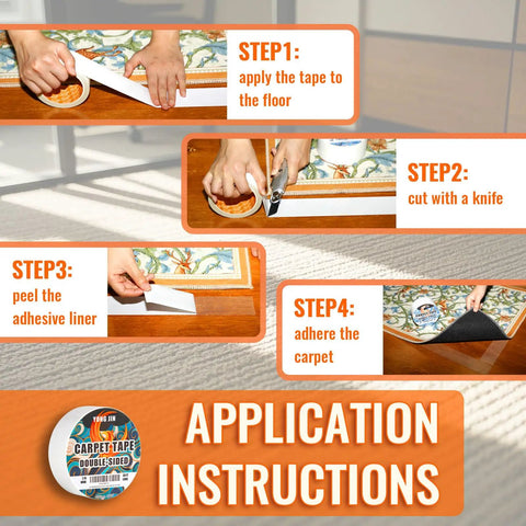 Heavy Duty Double Sided Carpet Tape With Reinforced Grid For Ultra Strong Hold On Hardwood Floors Tile Laminate And Concrete No Damage Rug Gripper application guide with steps 1-4