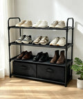 Four Shelf Closet Storage Rack Featuring Two Removable Fabric Storage Boxes Zero Sweat Metal Frame Assembly max out your apartment with organized shoes