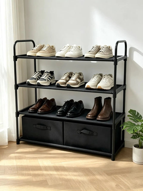 Four Shelf Closet Storage Rack Featuring Two Removable Fabric Storage Boxes Zero Sweat Metal Frame Assembly max out your apartment with organized shoes
