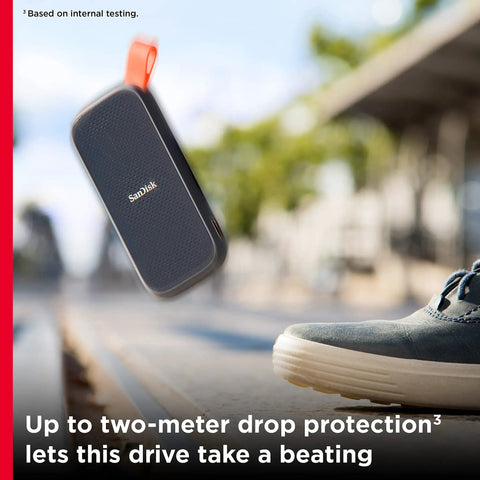 1TB Portable SSD With Up To 800 MB Per Second Read Speeds, USB C And USB 3.2 Gen 2, with rugged drop proof design next to shoe.