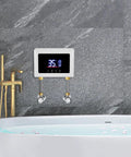 Wall Mounted Instant Electric Tankless Water Heater With Digital Display For Fast Hot Water And Precise Temp Control No Cold Shock Instead It Hits Different For Winter Showers Smooth mounted above a modern bathtub.