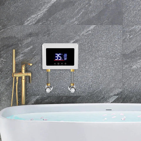 Wall Mounted Instant Electric Tankless Water Heater With Digital Display For Fast Hot Water And Precise Temp Control No Cold Shock Instead It Hits Different For Winter Showers Smooth mounted above a modern bathtub.