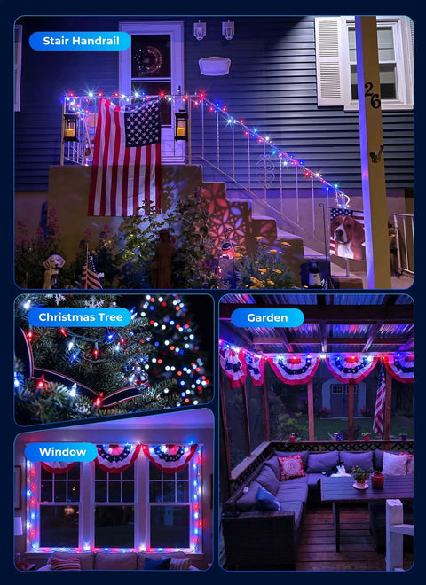 Red White Blue LED Christmas String Lights 100 Count 20 Feet Patriotic Outdoor Indoor Mini Light Set for Fourth of July decor