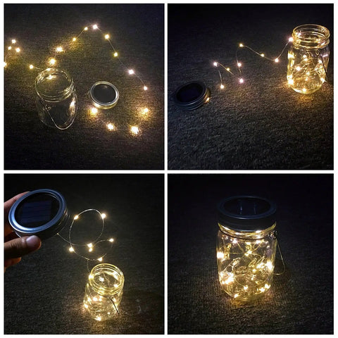 Dope Solar Mason Jar Lights 4 Pack With 30 LEDs Waterproof Fairy String Lights in glass jars for garden decor, warm glow display