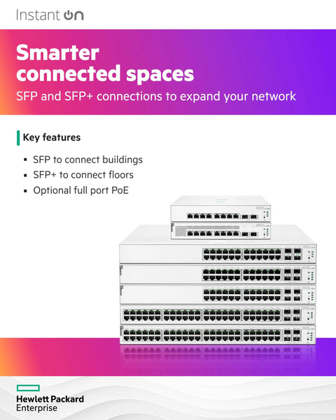Stacked Instant On 1930 Eight Port Gigabit Smart Managed Switches with Layer 2 Plus Features showing SFP and Ethernet ports.