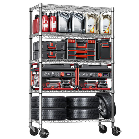 Five Tier Beast Mode Heavy Duty Steel Wire Shelving Unit On Casters With Adjustable Shelves Chrome Finish For Garage