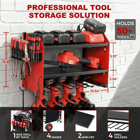 Red Heavy Duty Power Tool Organizer Wall Mount With Charging Station, 3 Layer Garage Tool Storage For Over 50 Tools