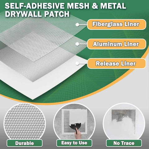 12 Inch By 12 Inch Drywall Repair Patch Kit With Heavy Duty Self Adhesive Mesh for large holes and ceiling cracks, with liners