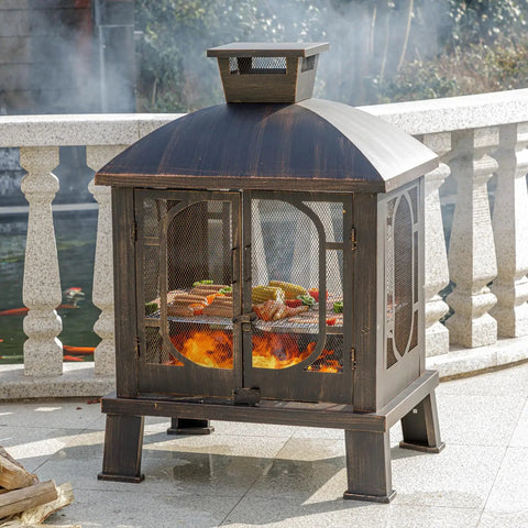 45 Inch High Metal Chiminea Fire Pit With Grill 2 In 1 Bonfire And BBQ Outdoor Wood Burning Fireplace for garden or patio, black and gold.