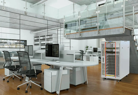 No Sweat 18U Floor Standing Server Rack In Gray At 35 Inch Depth Heavy Duty Network Cabinet in modern office space.