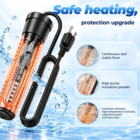 Portable Water Heater For Buckets And Tubs Featuring A Beefy 2000 Watt Immersion Design with a water-resistant cord and glowing heating element.