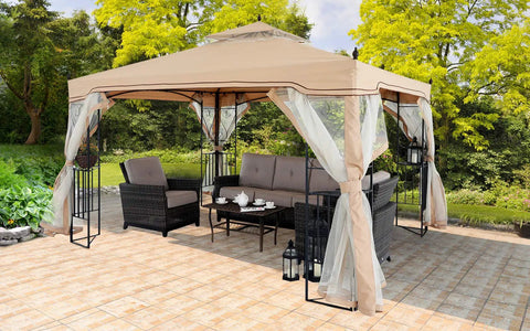 Patio Gazebo With Netting Screen Walls 10x10 for Lawn, Garden, Backyard and Deck, rust-resistant steel frame, beige gray