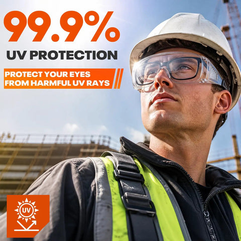 Tough As Nails Safety Glasses Designed To Fit Snug Over Eyeglasses Without Pinching Featuring Z Eighty Seven Impact Rating And Superior Anti Fog Coating For Long Shifts worn by a worker on a construction site.