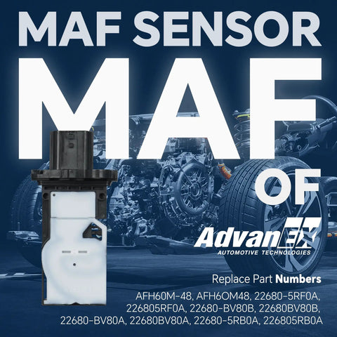 Mass Air Flow Sensor MAF Direct Fit Works With Infiniti QX60 And Nissan Altima Juke Kicks Maxima Murano Pathfinder Rogue Sentra Versa Replaces 22680BV80B 22680-5RF0A AFH60M-48 shown against a mechanical background