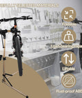 Ebike Repair Stand For Home Garage And Shop Use, Beefy Heavy Duty Bike Stand Holds Up To 110 Lbs displayed in a garage workshop.