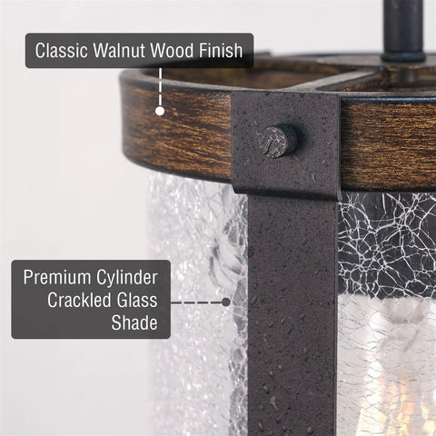 9 Inch Rustic Farmhouse Pendant Light With Crackle Glass Shade And Walnut Wood Finish Hand Painted Metal Frame Black Hardware Delivers Warm Cozy Vibe For Kitchen Island Dining Room