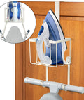 Over The Door And Wall Mount Ironing Board Hanger White Laundry Room Organizer with iron and board on wood door