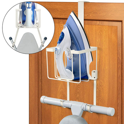 Over The Door And Wall Mount Ironing Board Hanger White Laundry Room Organizer with iron and board on wood door