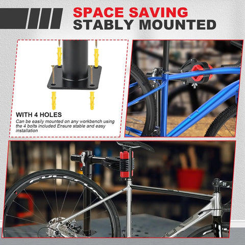 Bike Repair Stand Wall Mount Workbench Rack Clamp Height Adjustable for Road and Mountain Bikes, sturdy iron, red.