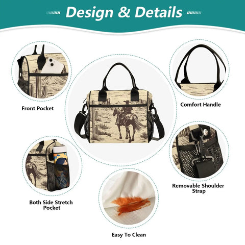 Desert Cowboy Insulated Lunch Bag Cooler Tote With Removable Shoulder Strap And Side Pockets, design details and features.