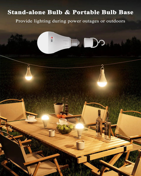 Stand-alone bulb and portable bulb base providing lighting for outdoor gatherings, perfect for power outages and cozy evenings.
