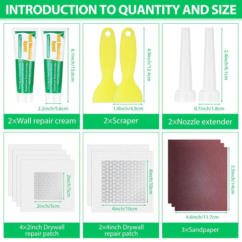 Big Hole Drywall Repair Kit With Scraper, DIY Dream Patch Mender For Home Walls components including scrapers, patches, and sandpaper