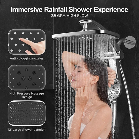 12 Inch Badass High Pressure Rain Shower Head With Detachable Handheld Spray Combo And Rock Solid Magnetic Bracket Featuring Adjustable Angle Settings For Killer Water Flow