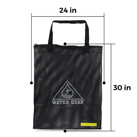 Large Mesh Tote Bag With Zipper For Swim Gear, Balls And Aqua Equipment, 24x30 black bag with handles and measurement display