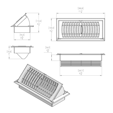Technical drawing of Pop Up Floor Register 4x10 Inch Tan Heavy Duty Plastic Vent With Air Deflector Rust Proof And Scratch Resistant Use As Standard Register When Closed Or Air Deflector When Open Ceiling Knockouts.