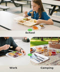 8 Oz Reusable Snack Containers With Lids Three Compartment Snack Pack Set BPA Free Food Grade PP5 Safe For Food Contact Durable Stackable Design Great For Lunches Dips Sauces Meal Prep On The Go Includes 20 Sets shown in school, work, and camping scenarios.