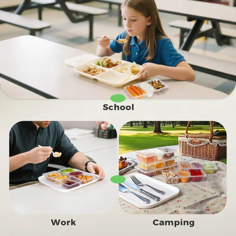 8 Oz Reusable Snack Containers With Lids Three Compartment Snack Pack Set BPA Free Food Grade PP5 Safe For Food Contact Durable Stackable Design Great For Lunches Dips Sauces Meal Prep On The Go Includes 20 Sets shown in school, work, and camping scenarios.
