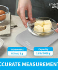 Person using Gray Digital Kitchen Scale For Cookin And Meal Prep, Accurate Grams And Ounces, Calorie Tracking, Portion Control, Baking, Perfect For Food Weight, 5 Kg And 11 Lb Capacity.