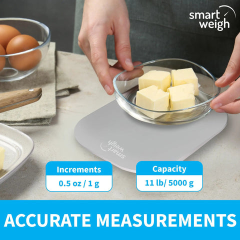 Person using Gray Digital Kitchen Scale For Cookin And Meal Prep, Accurate Grams And Ounces, Calorie Tracking, Portion Control, Baking, Perfect For Food Weight, 5 Kg And 11 Lb Capacity.